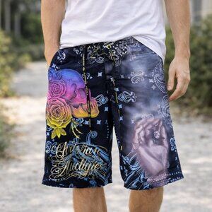 Christian Audigier Size 30 Black Graphic Board Shorts Skull Rose Print